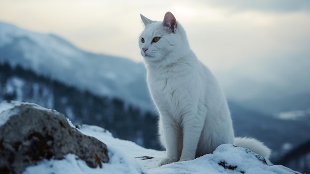 A white cat sits on a snowy mountain