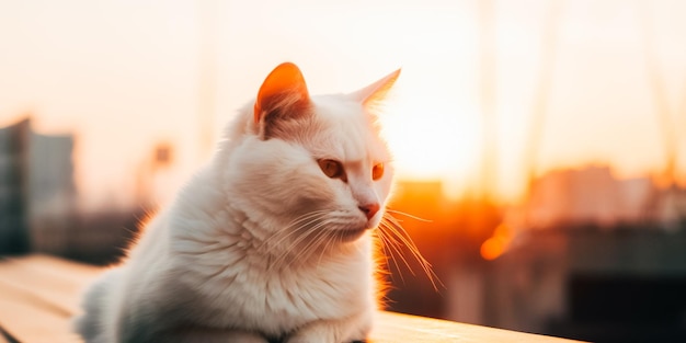 A white cat sits on a table in front of a sunset