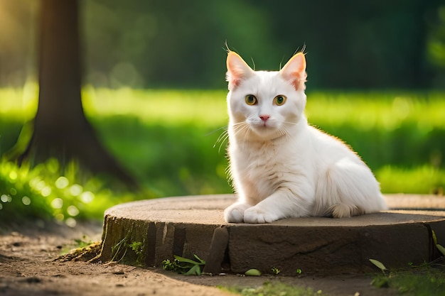 A white cat sits on a tree stump in a park.