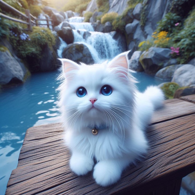 a white cat sits on a wooden platform next to a waterfall