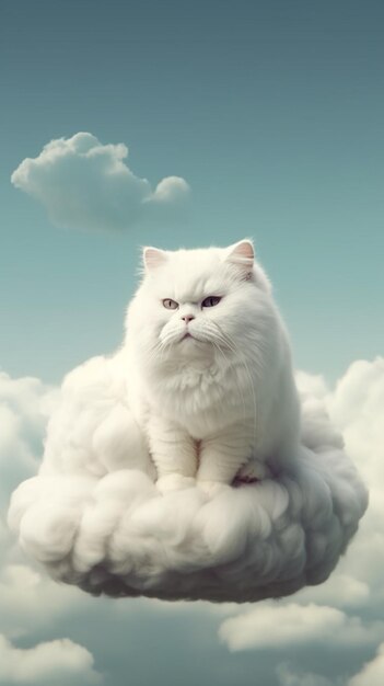 A white cat sitting on a cloud