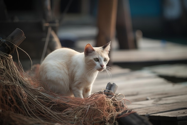 A white cat sitting on a dock