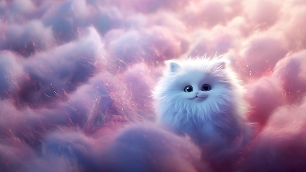 분홍색 구름 들판에 앉아 있는 흰 고양이 AI 생성