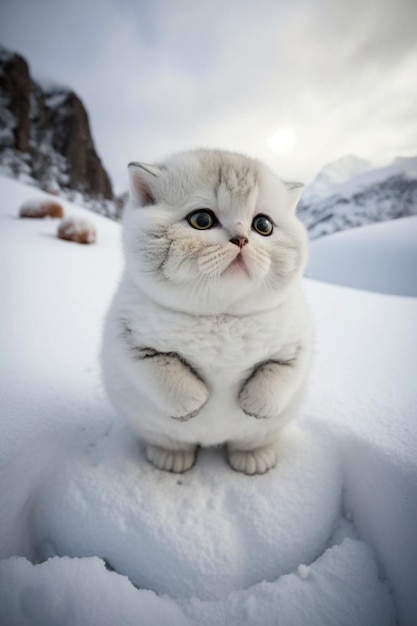 雪に覆われた地面の上に座る白猫の生成ai