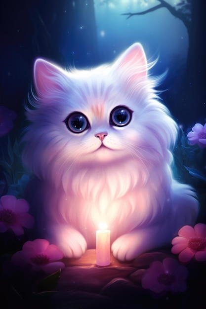 A white cat sitting on top of a table next to a lit candle