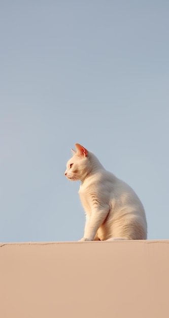 Белая кошка сидит на белом выступе под голубым небом в золотой час заката