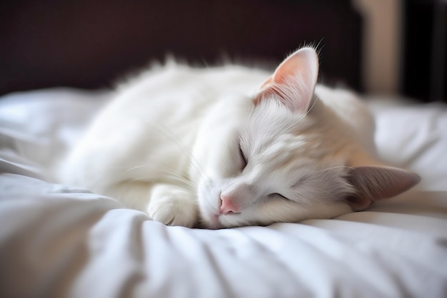 White cat sleeping on the bed in the morning Generative AI