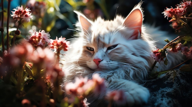 white cat sleeping in flowers