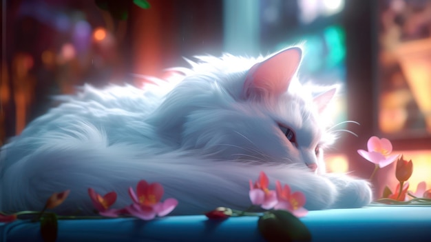 Белый кот спит в цветах