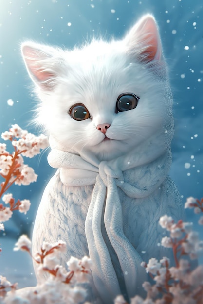 A white cat in a snowy field
