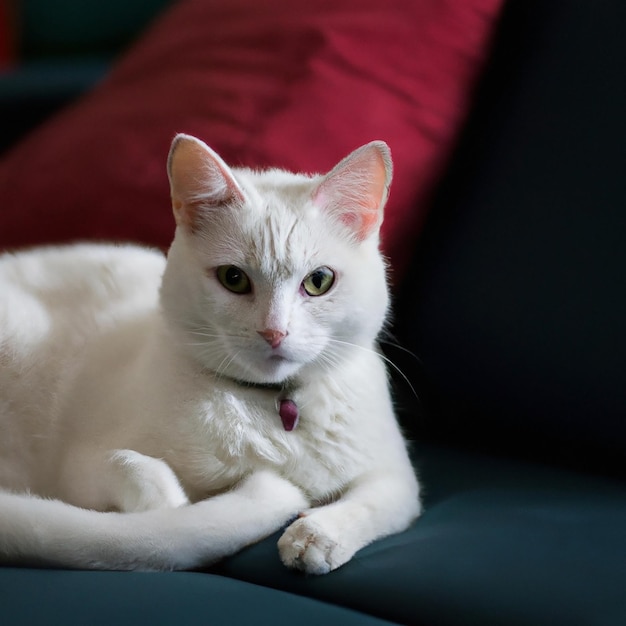 White cat on sofa at home