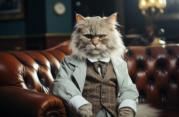 Photo white cat in suit with desk in bar sits on a chair and is dressed up style of science academia