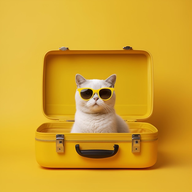 White cat in sunglasses lying in a suitcase generated by ai