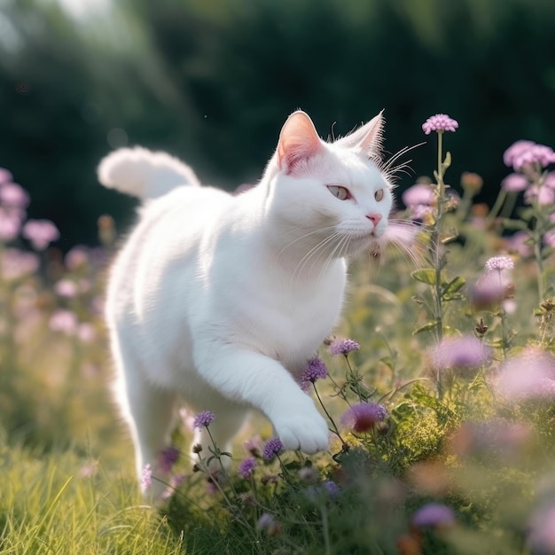 A white cat walking through a field of purple flowers.