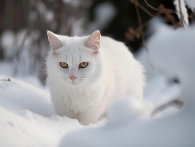 Белая кошка ходит по снегу зимой.