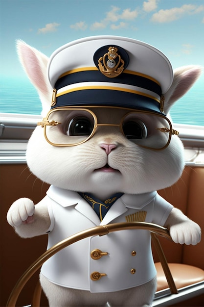 White cat wearing a captains hat and holding a steering wheel generative ai