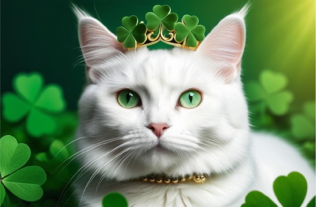 white cat wearing clovershaped crown surrounded by clover leaves for St Patricks Day celebrations