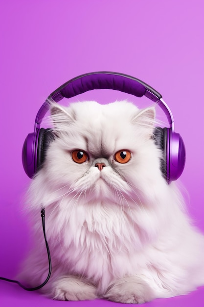 White cat wearing headphones and looking at the camera on purple background generative ai