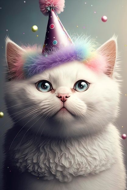 White cat wearing a party hat balloons and confetti happy birthday card retro pastel colors AIGenerated