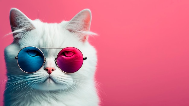 A white cat wearing a pink and blue sunglasses