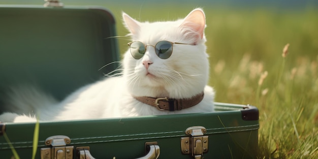 White cat wearing sunglasses lounging on brown suitcase Created with Generative AI technology