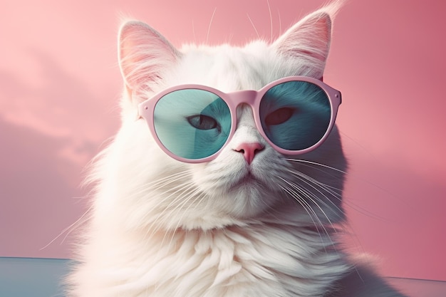 White Cat Wearing Sunglasses on Pink Background