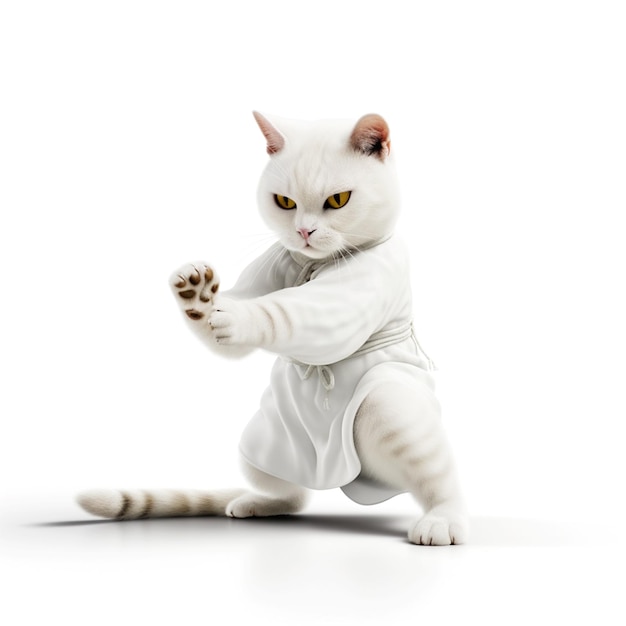 A white cat wearing a white outfit with a yellow eye.