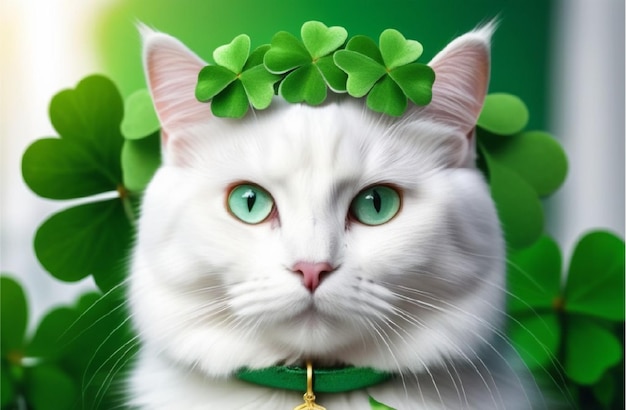 white cat wearing wreath made of clover leaves against green background perfect for St Patricks Day