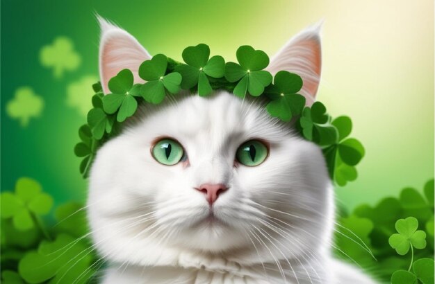 white cat wearing a wreath made of clover leaves against a green background for St Patricks Day