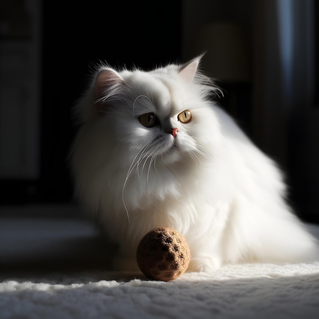 A white cat with a ball in front of it