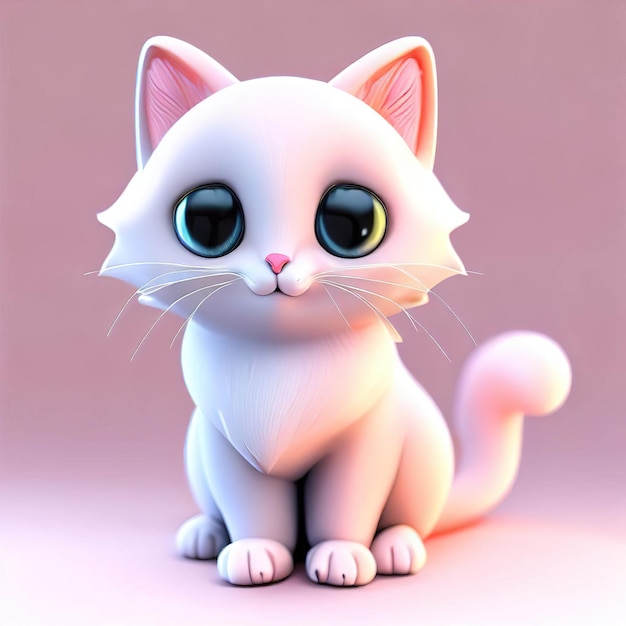 A white cat with big eyes sits on a pink background.