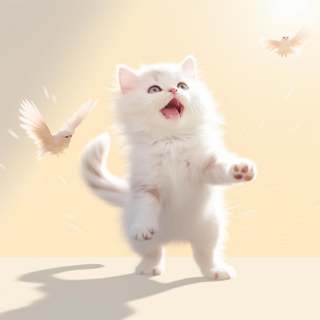 a white cat with a bird in the air and a bird flying in the air.