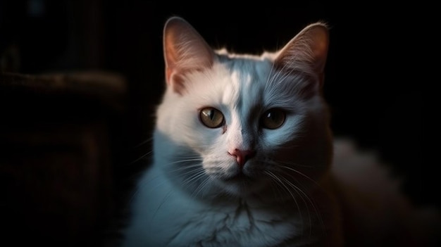 A white cat with black background