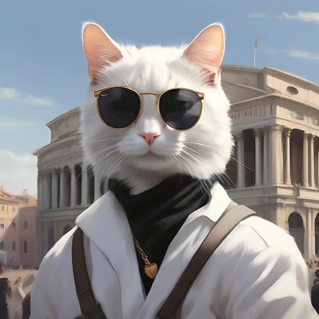 white cat with BLACK SUNGLASSES going to rome capital AI