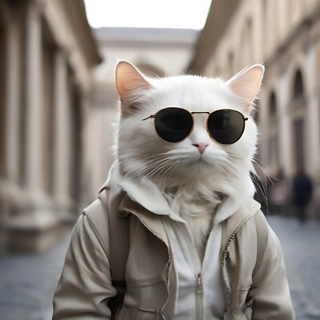 white cat with BLACK SUNGLASSES going to rome capital AI