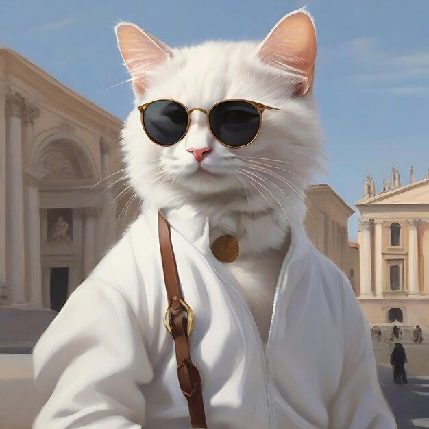 검은 선글라스를 입은  고양이가 로마의 수도 인공지능으로 가고 있습니다.