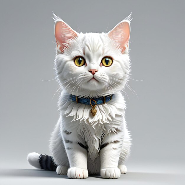 Photo white cat with blue collar on grey background