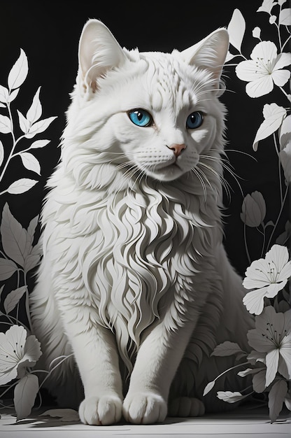 Photo white cat with blue eyes on a black background with white flowers