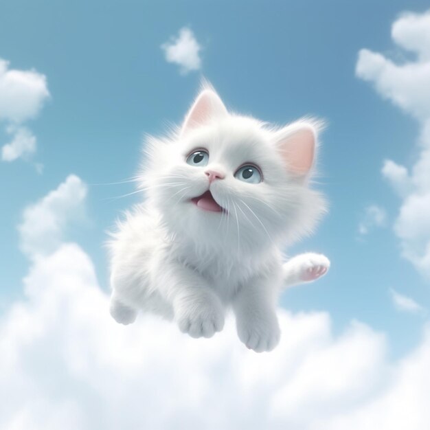 青い目と青い空の背景を持つ白い猫