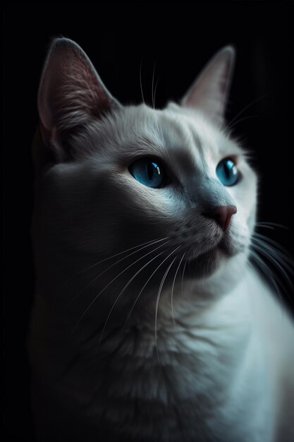 青い目の白猫が暗い部屋に座っています。