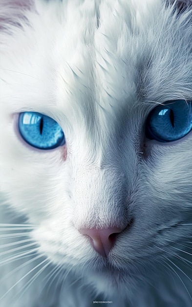 A white cat with blue eyes is sitting in front of a blue background