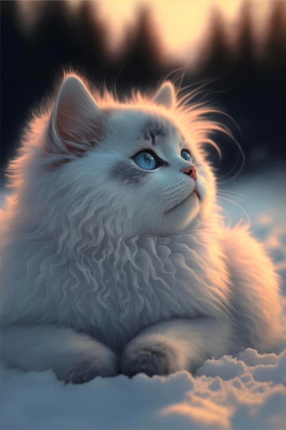 White cat with blue eyes laying in the snow generative ai