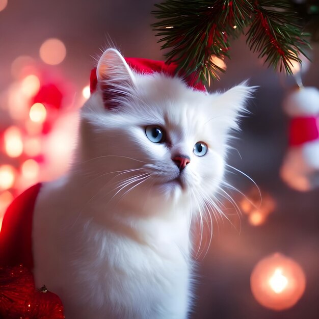 사진 크리스마스 트리의 배경에 파란 눈을 가진  ⁇  고양이 아름다운 꽃걸이 보케