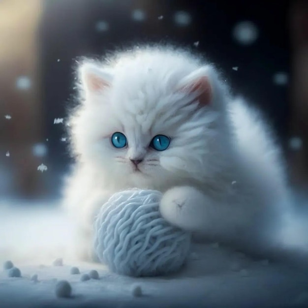 A white cat with blue eyes plays with a ball of yarn.