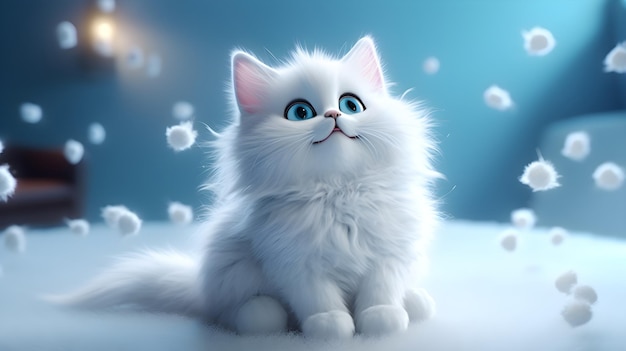 A white cat with blue eyes sits on a blue background.