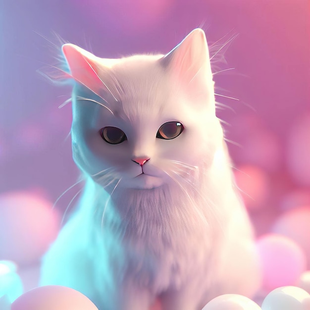 A white cat with blue eyes sits among a bunch of eggs.