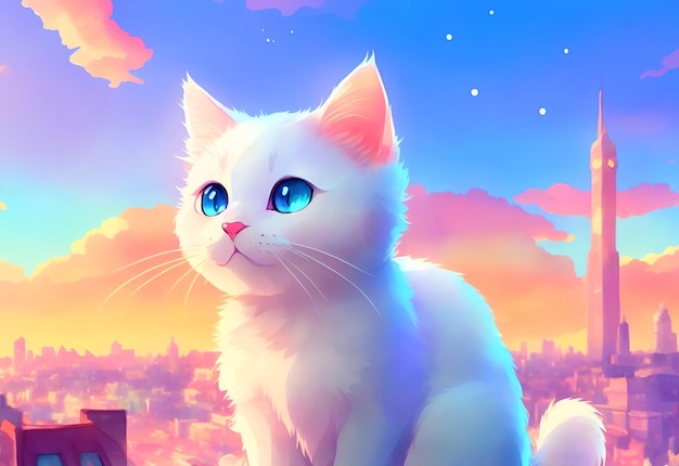 A white cat with blue eyes sits on a cityscape.