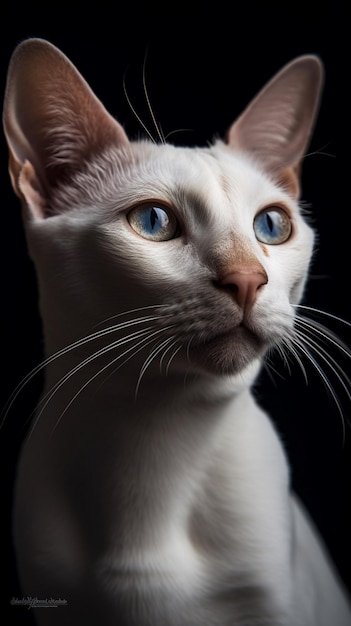 A white cat with blue eyes sits in front of a black background.