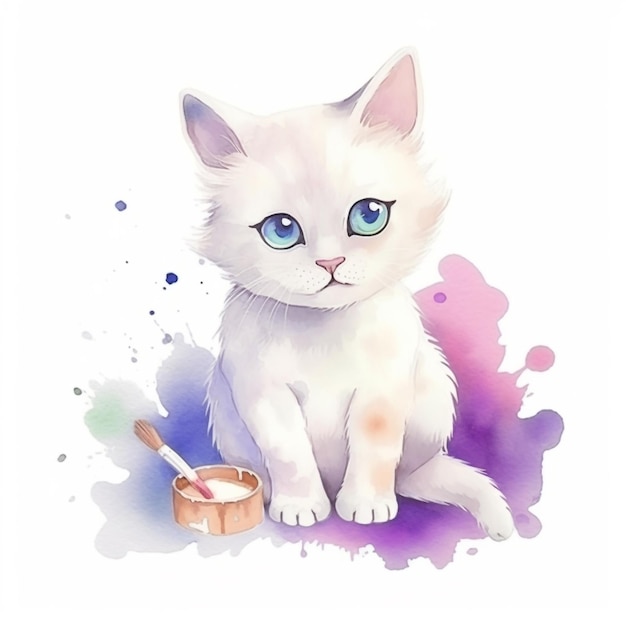 A white cat with blue eyes sits in front of a bowl of cream.