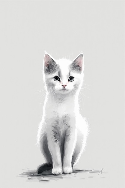 A white cat with blue eyes sits on a grey background.